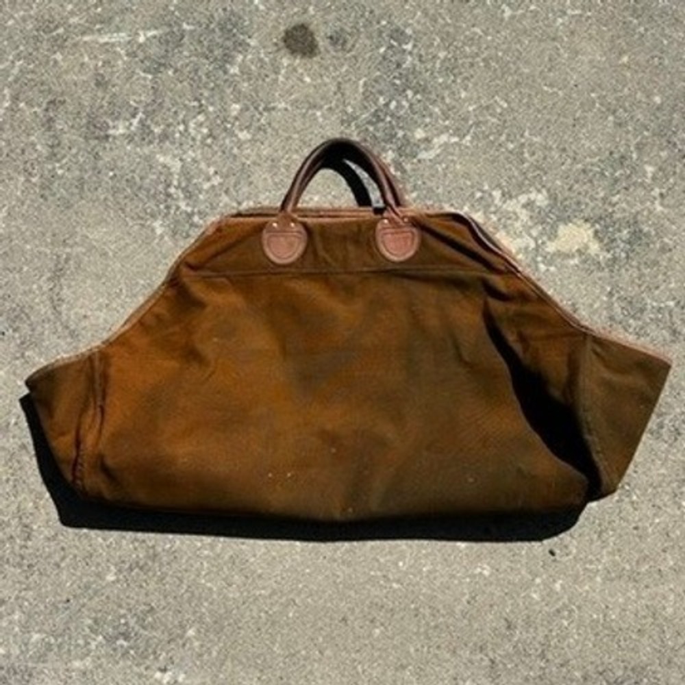 Restoration Hardware Brown Canvas Leather Trim Firewood Log Carrier Tote Bag